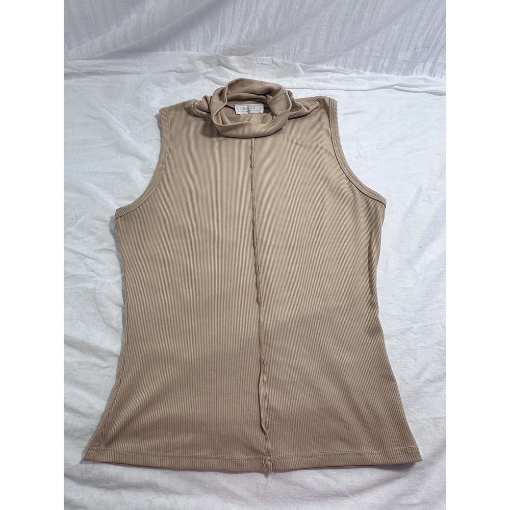 Sage The Label Womens Ribbed Sleeveless Turtleneck Top Tan Exposed Seam Size Mโ